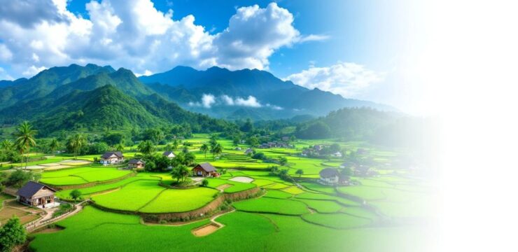 Pemandangan indah alam Indonesia dengan sawah dan pegunungan.