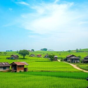 Pemandangan desa yang hijau dengan rumah tradisional dan petani.