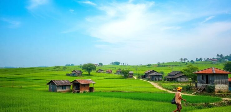 Pemandangan desa yang hijau dengan rumah tradisional dan petani.