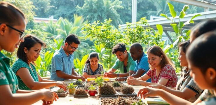 Kegiatan komunitas yang meriah dengan orang-orang berinteraksi.